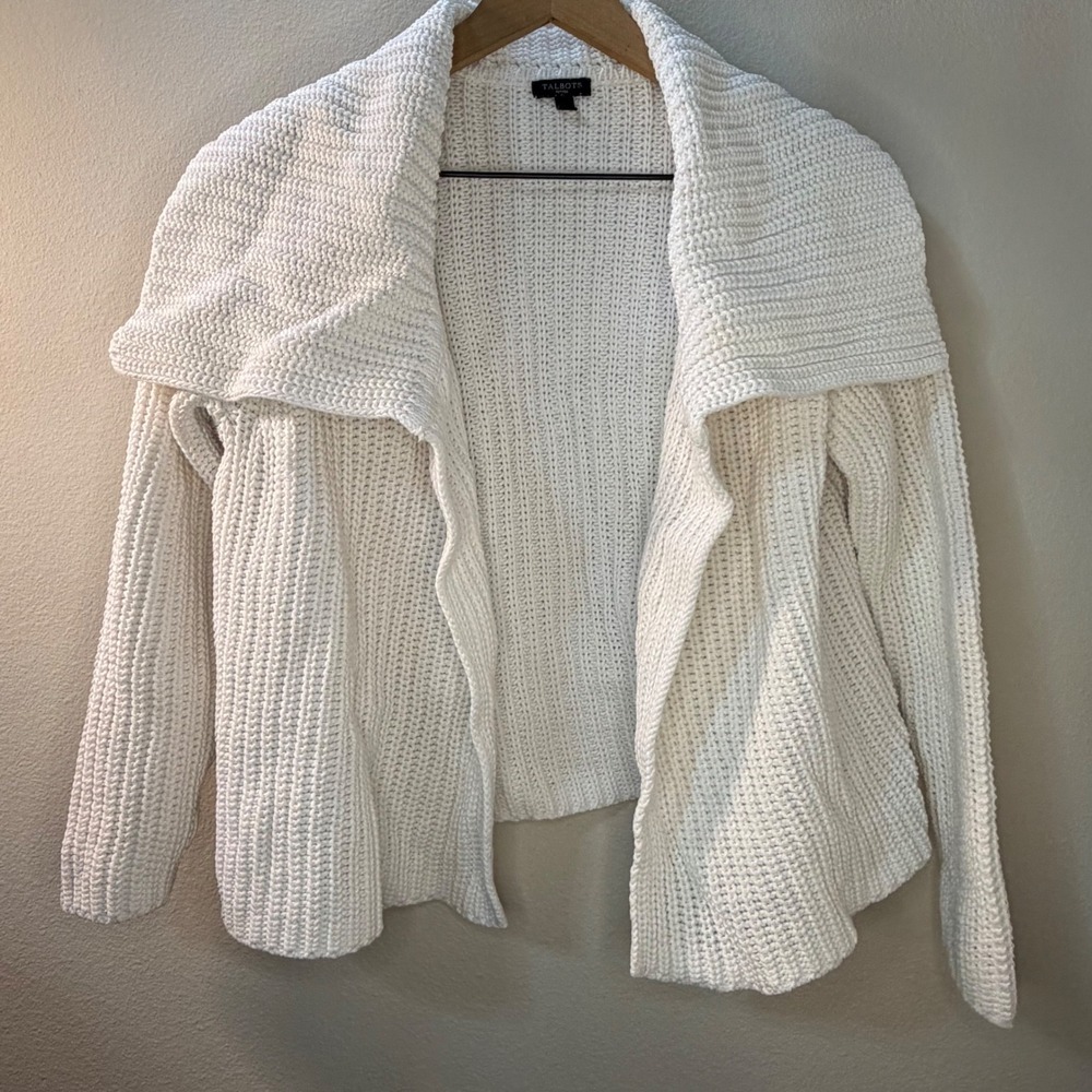 Talbots Petites White Knit Shawl Collar‎ Cardigan Sweater Size MP